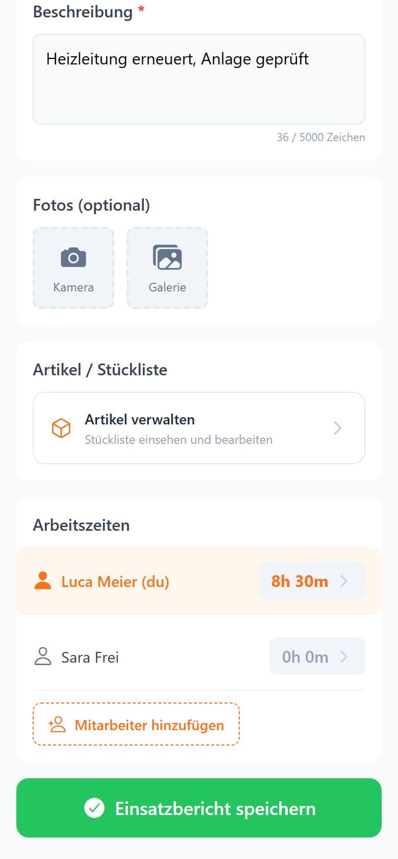 Tagesrapport in der App erfassen: Arbeitszeiten, Material und Bemerkungen