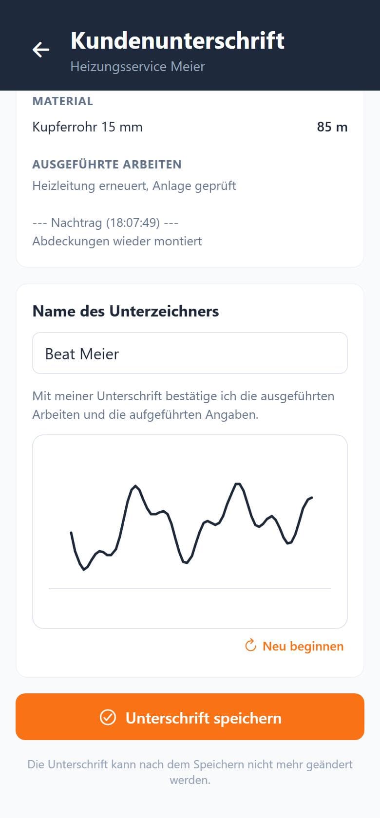 Regierapport unterschreiben: Der Kunde bestätigt Zeiten und Material auf dem Gerät