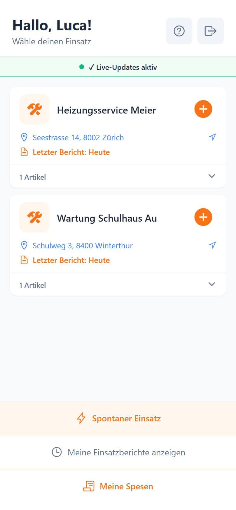 Einsatz-App: Startseite mit zugewiesenen Einsätzen, Adresse und spontanem Einsatz