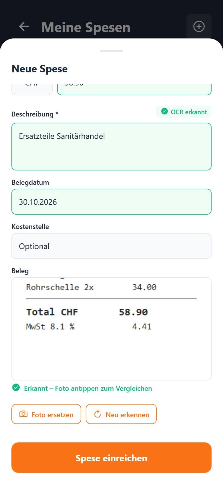 Beleg in der App erfassen: Betrag, Datum und Beschreibung werden automatisch erkannt