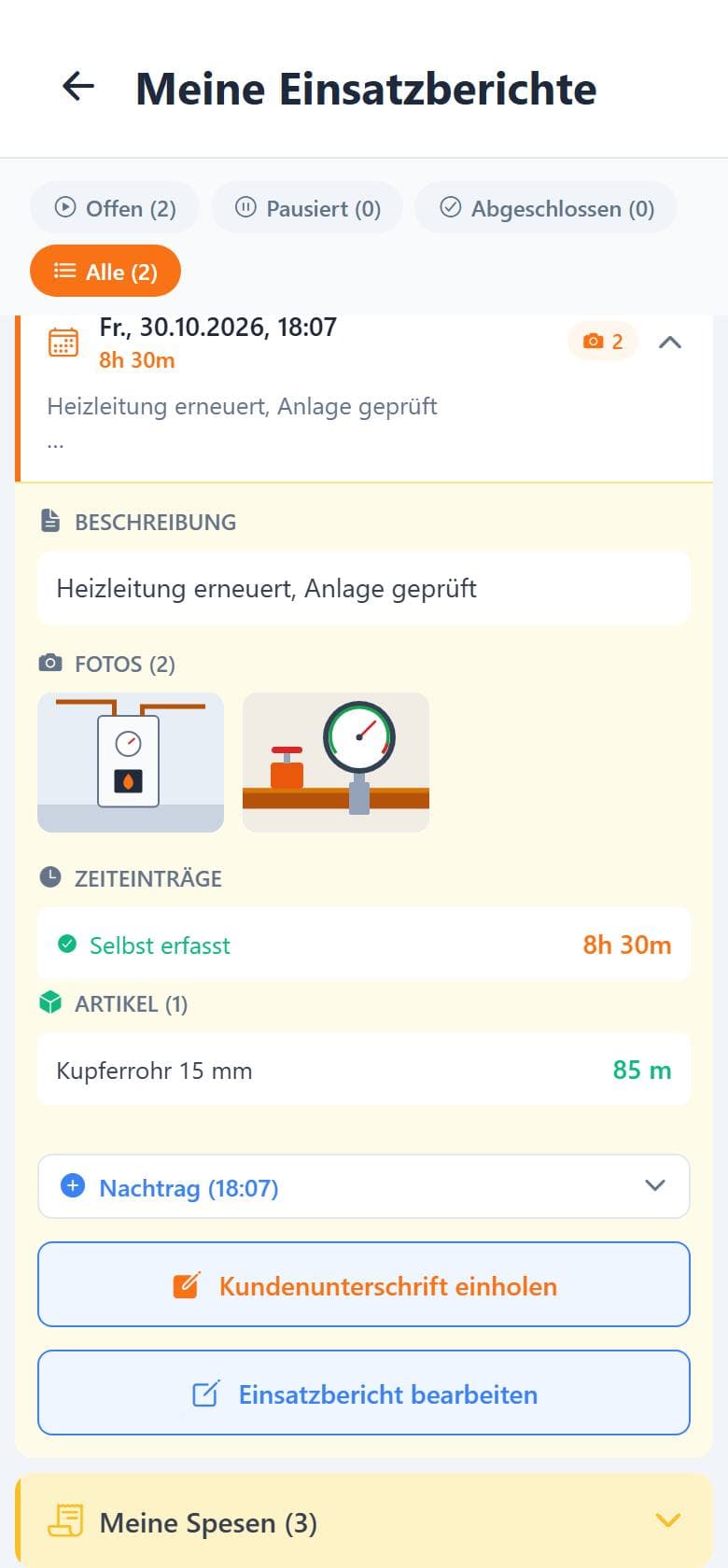 Rapport-App: Berichte nach Einsatz mit Zeiten, Fotos, Material und Unterschrift-Status